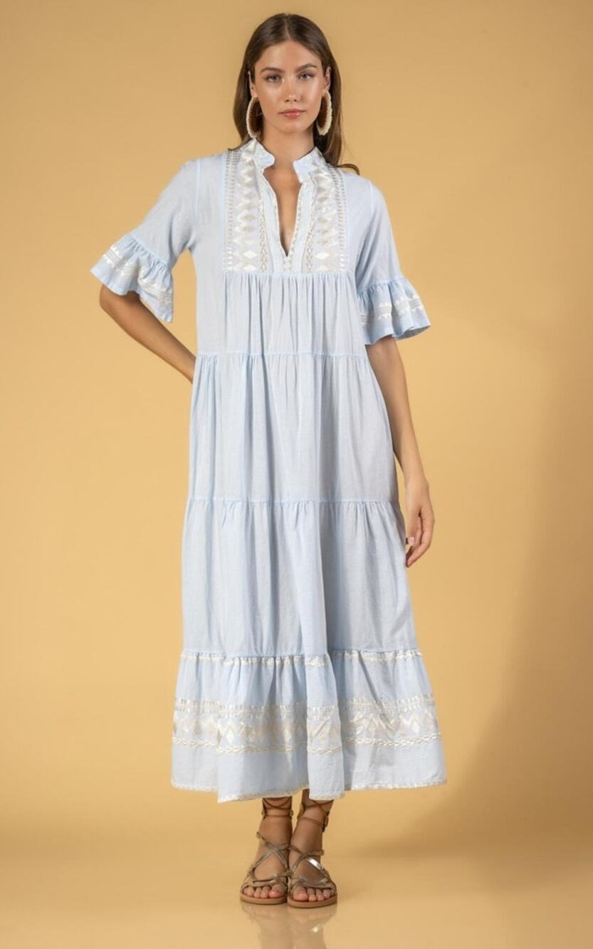 Aether Blue Embroidered Tiered Maxi Dress Size XS Boho Ruffle Sleeve